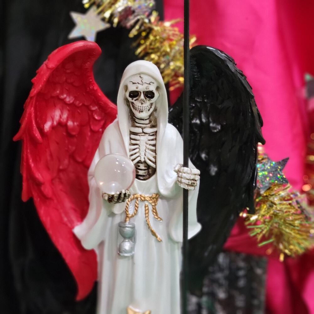 Santa Muerte White Statue 12 inch With Red And Black Wings